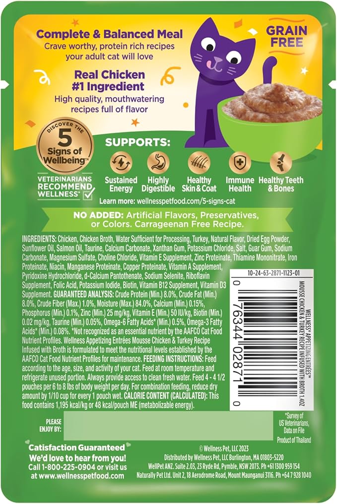 Wellness Appetizing Entrées Mousse Adult Wet Cat Food, Natural, Protein Rich, Grain Free, Chicken and Turkey Recipe, 1.4 oz, Pack of 8 Pouches