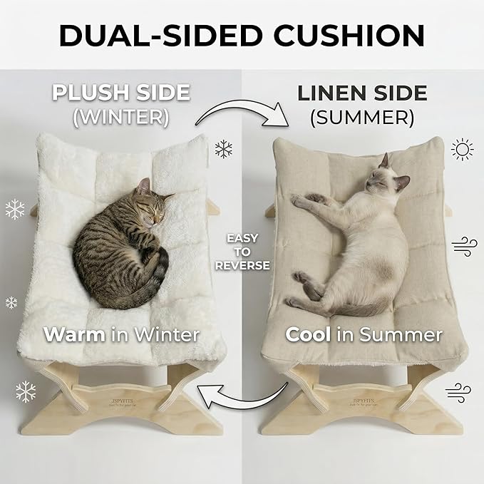 JSPYFITS Elevated Cat Bed Hammock, Raised Orthopedic Dog Bed with Dual-Sided Plush & Linen Cushion, Modern Cat Furniture for Medium to Large Cats, Easy Assembly(White)