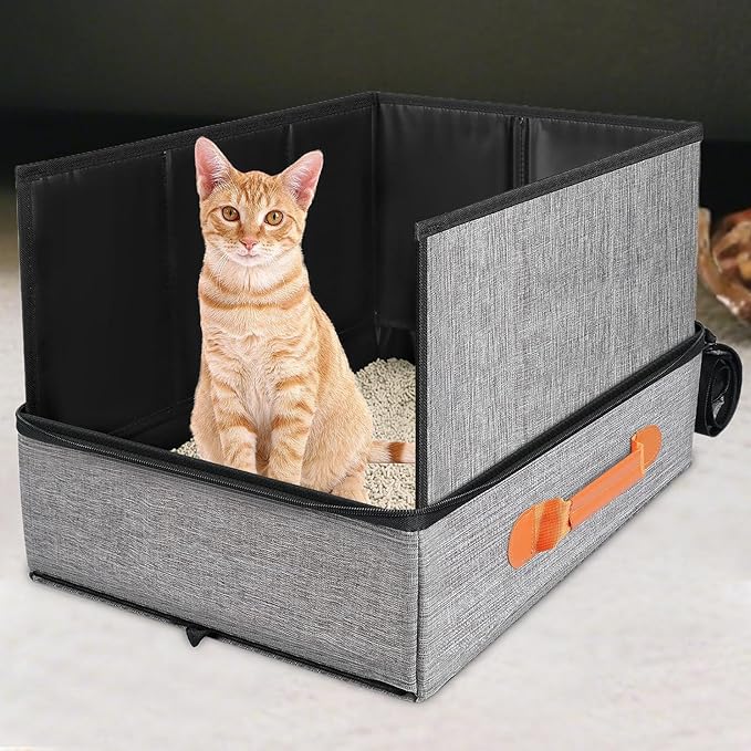 Foldable Pet Litter Pan, 50x40x13cm Oxford Cloth Box, Zippered Lid Enclosure, Vehicle Travel, Camping Trips, Hotel Stays, Road Trips, Mobile Grooming