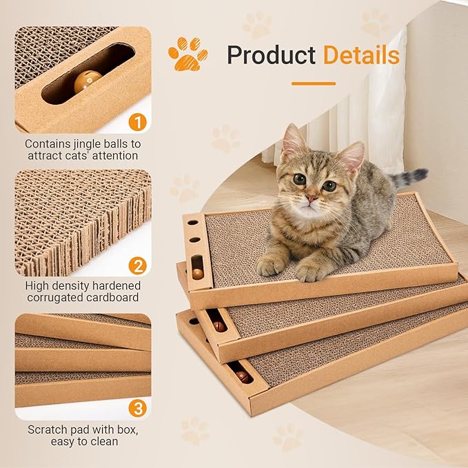 Novabright 6 Pcs Cat Scratching Board with Bell Reversible Cardboard Scratcher Wide Cat Scratch Pads Ball Durable Corrugated Scratch Box Bed for Indoor Kitten Playing Rest Sleep and Protect Furniture