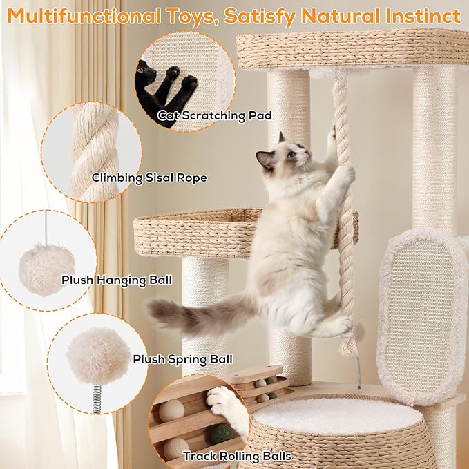 EMUST Luxury Modern Cat Tree Tower 50IN - Heavy-Duty Multi-Level Cat Condo with Extra-Large Hand-Woven Rattan Bed & Thickened Scratching Post for Indoor Cats Large Adult
