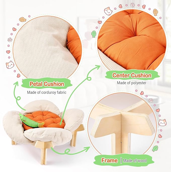 Elevated Flower Cat Bed with Thickened Soft Cushions, Aesthetic Raised Cat Chair for Indoor Cats, Wooden Cats Furniture with Toy, 39lbs Capacity (Beige Petal & Orange Center)