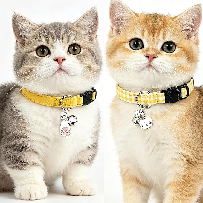 2 Pack Cotton Breakaway Cat Collars with Bell and Charms Yellow Solid Plaid Safety Collars for Girl Boy Cats, Cat Head and Paw Pendant Cute Kitten Collars