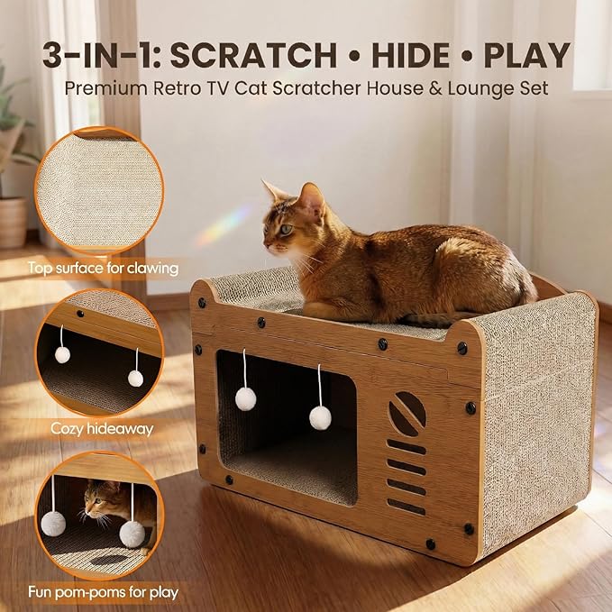 Luxury Cat Scratcher House, Retro TV Shaped Cat Condo, Large Cardboard Cat Scratching Board with Premium Dark Walnut Finish, Elegant Pet Furniture, 22x12x12in