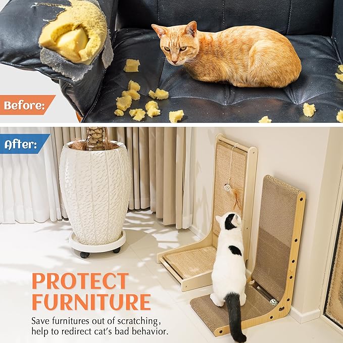 PETKARAY Cat Scratcher, Cat Scratching Board, L Shape Cat Scratch Pad for Indoor Cats, Floor Mounted Scratching Cardboard with Ball Toy