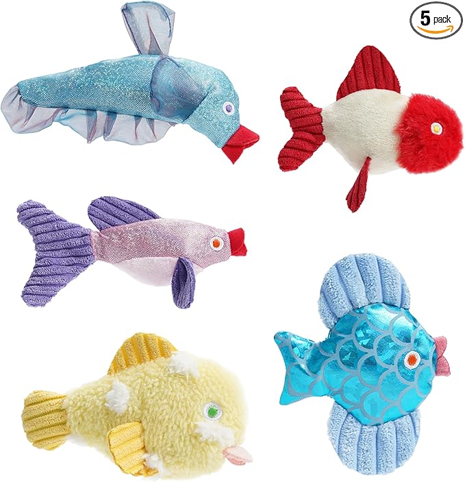 Nocciola Catnip Toys, 5 Pack Cat Toys for Indoor Cats with 100% Natural Catnip, Cotton-Free Kitten Toys in Assorted Colors, Soft Surface, Teething, Chewing & Kicker Floppy Fish Cat Toys