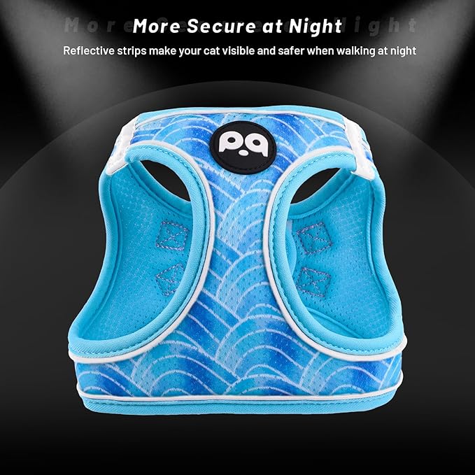 QQPETS Cat Harness and Leash Set for Walking Escape Proof, Safe Adjustable Kitten Vest with Reflective Strips, Easy Control Soft Mesh Lightweight Jacket (Striped Blue, S(Chest 15”-15.7”))