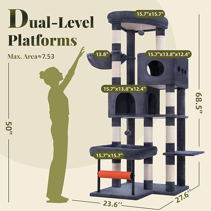 Hey-brother Cat Tree, 68.5 inch Cat Tower with L-Shaped Extended Base, Multi-Level Plush Furniture with 2 Spacious Candos, 2 Platforms, 11 Scratching Posts, Hammock and Toy Ball, Smoky Gray MPJ086G