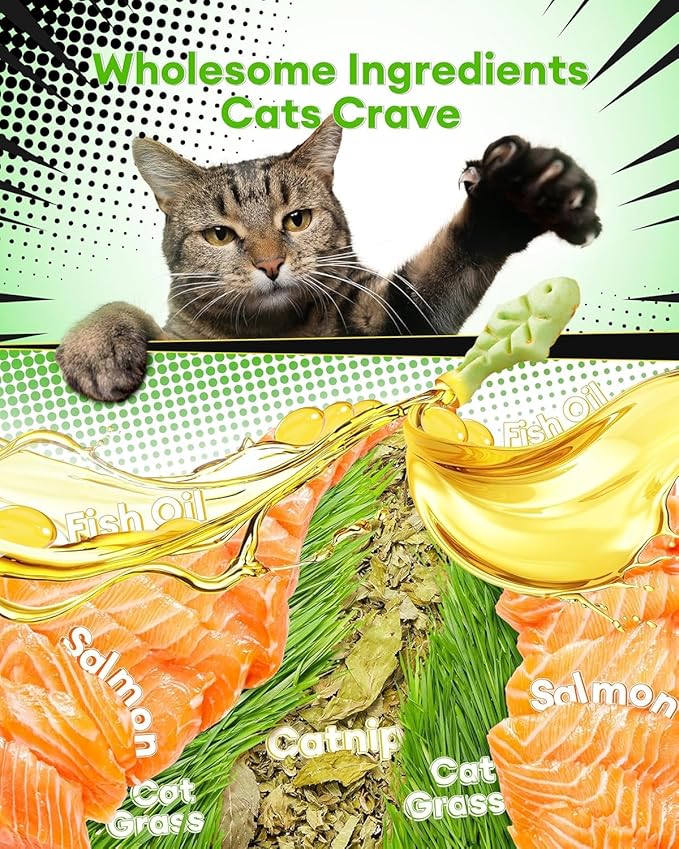 Cat Grass Treats, 3.53oz Natural Chicken & Catnip Biscuits + 3.53oz Natural Salmon & Catnip Biscuits, Cat Grass Treats for Hairball Control, Low-Calorie Healthy Snacks for Indoor Cats