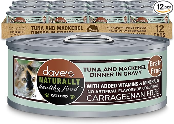 Dave's Pet Food Grain Free Wet Cat Food Gravy (Tuna & Mackerel Dinner in Gravy), Naturally Healthy Canned, Added Vitamins, 5.5 oz Cans (12 Pack)