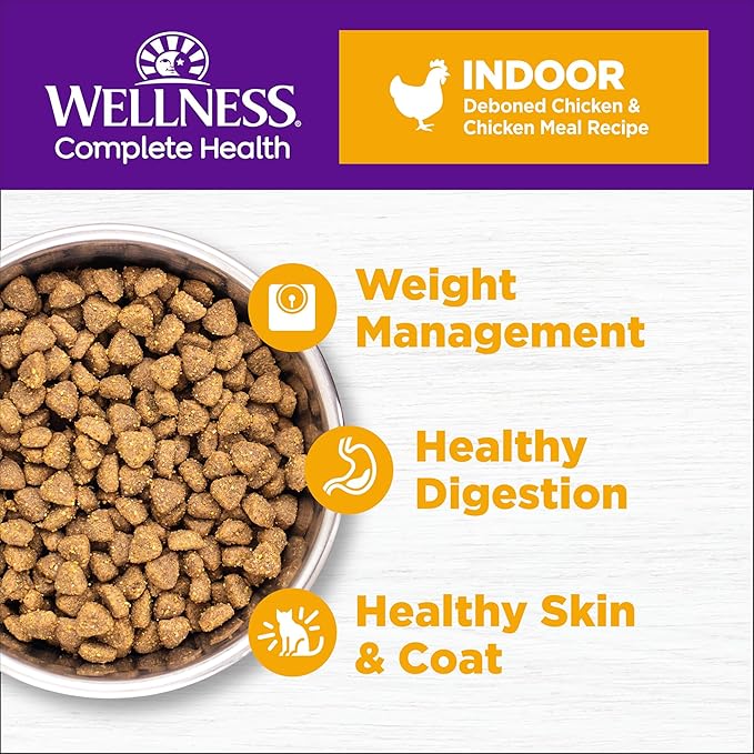 Wellness Complete Health Adult Dry Cat Food for Indoor Cats, Natural, Wholesome Grains Kibble, Chicken Recipe, 5 lb Bag
