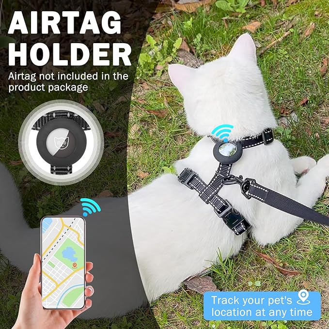 SCENEREAL Cat Harness and Leash Set Escape Proof with Airtag Holder, Reflective Pet Harnesses for Walking, Adjustable Soft Kitty Vest Outdoor Indoor, Cute Travel Boys Girls Small Large Cats, Black