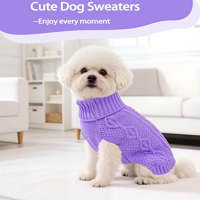 Dog Sweaters Small Dog Clothes Winter Turtleneck Puppy Sweater Warm Pet Cat Sweater Doggy Pullover Outfit with Twisted Design XS~XL (Purple, Large)
