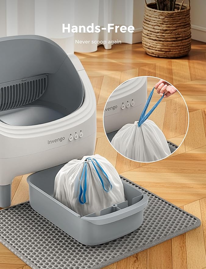 Invengo Automatic Cat Litter Box Self Cleaning, App Control, Open-Top Automatic Litter Box with Safety Sensors, Ultra-Quiet, 10.5L Waste Bin with Odor Control, 2 Rolls of Garbage Bags, Grey White
