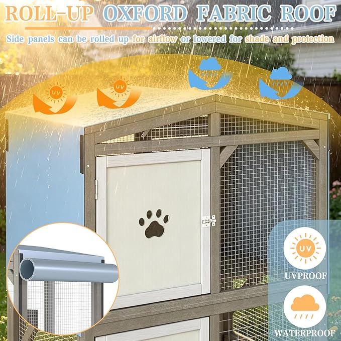 Ketive 66" H Large Catio Outdoor Cat Enclosure, Wooden Window Cat House with Wheels & 3 Platforms, Kitty Cage with Weatherproof Roof for Multiple Cats (Gray)