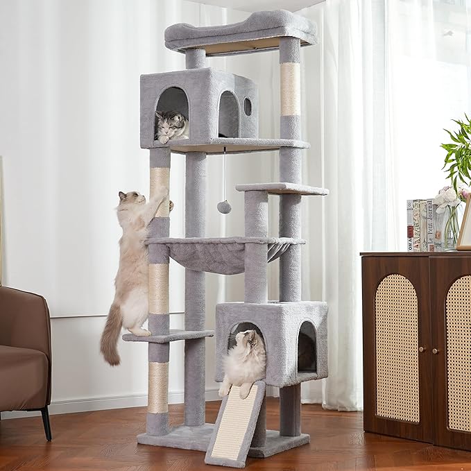 XXL Large Cat Tree Tower 70in Tall Heavy Duty Cat Tree for Maine Coon and Big Cats 20 lbs+,Enlarge Top Bed and Hammock, 2 Oversized Condo House with Scratching Posts-Grey
