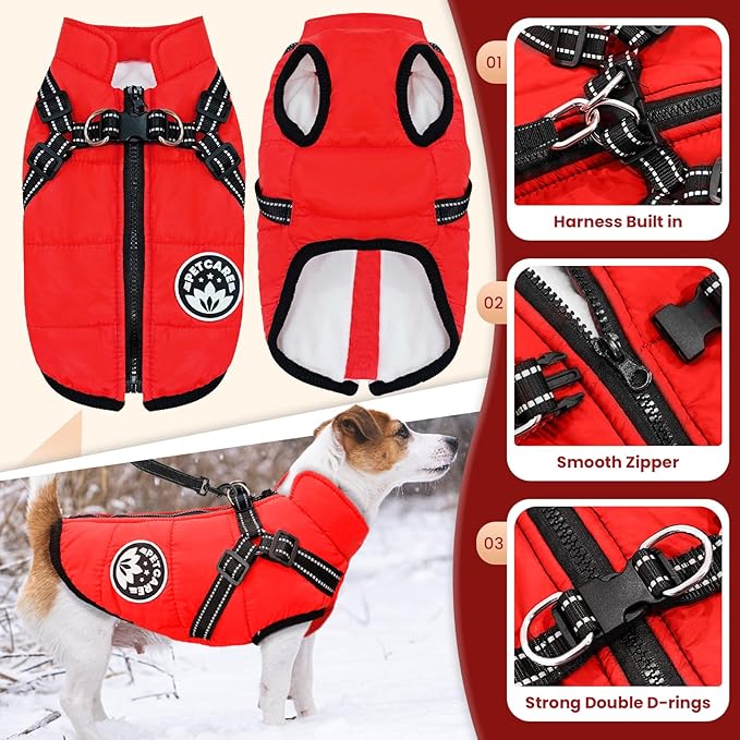 PETCARE Winter Dog Coat with Harness Built in Waterproof Dog Jackets Warm Pet Fleece Vest Windproof Snow Jacket Snowsuit Reflective Dogs Cold Weather Coats for Puppy Small Medium Large Dogs Cats