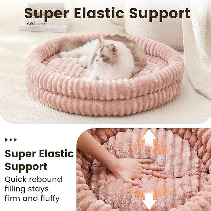 Small Dog Beds, Machine Washable Donut Cat Beds for Indoor Cats, Fluffy Warm Thermal Round Pet Bed with Anti-Slip Bottom for Puppy and Kitten, Dark Pink, 28"x28"x5"