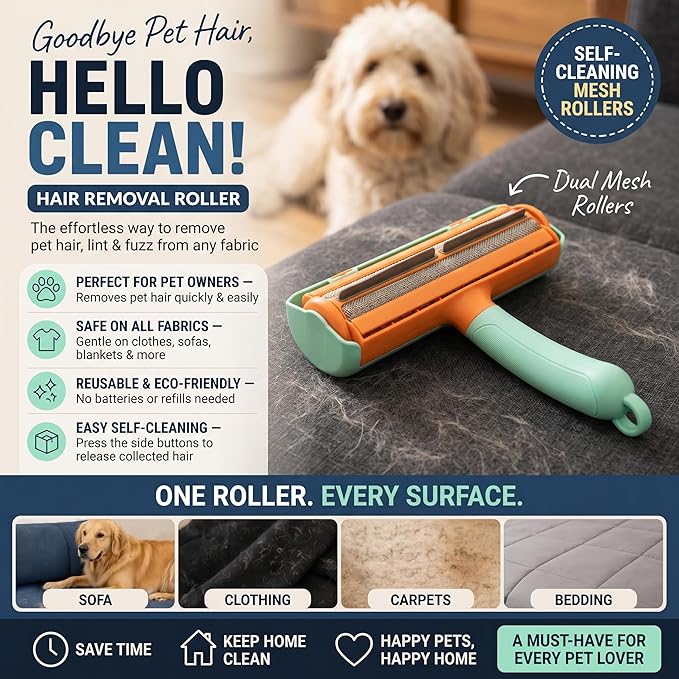 Tomby Reusable Pet Hair Remover Roller for Dog & Cat Hair, Lint Roller for Furniture, Couch, Carpet, Car, Rugs & Bedding, No Sticky Sheets, Easy Cleaning, Portable