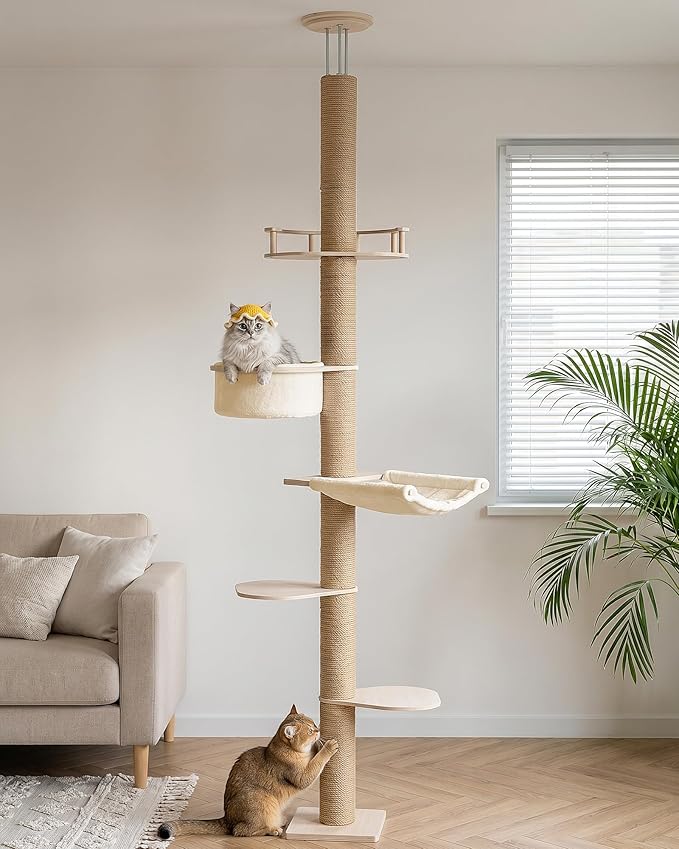 Aechonow 9ft Floor to Ceiling Cat Tree for Large Cats, 5'' Deep Nest-Like Hammock for Indoor Kittens, 5-Tier Adjustable Cat Tower(76-108Inch), Beige