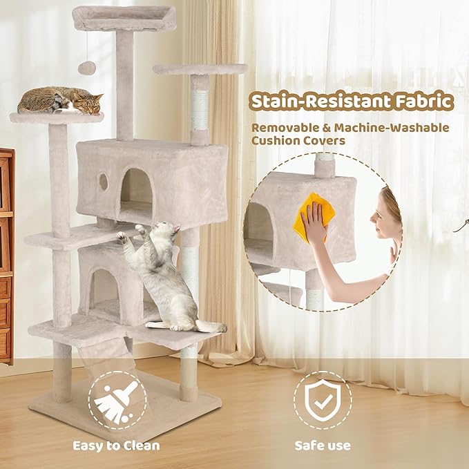 54in Cat Tower, Multi-Level Cat Tree with Sisal-Covered Scratching Posts, Condo, Hammock, Dangling Ball & Extended Platform, Pet Furniture for Kittens House Play, Beige