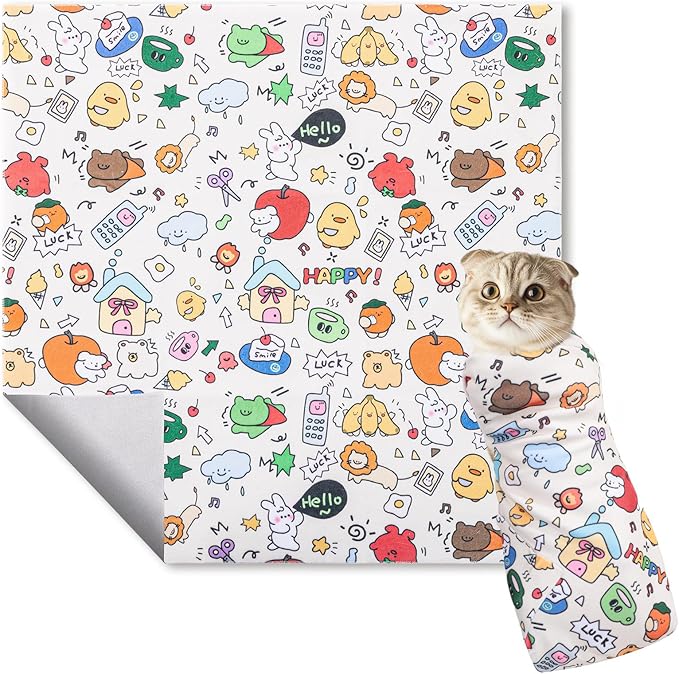 ondware 27.6In Self-Adhesive Cat Grooming Wrap, Anti-Escape Cat Restraint for Nail Clipping, Cat Swaddle Wrapping Cloth for Pet Cleaning & Beauty, for Cats up to 15lbs, Cat Gifts