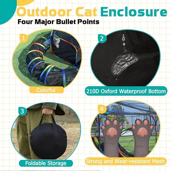 Portable Cat Enclosure - 2-in-1 Outdoor Catio with Tent & Tunnel, Foldable Playpen for Indoor Cats, Includes Storage Bag for Cats & Small Animals Rainbow Color