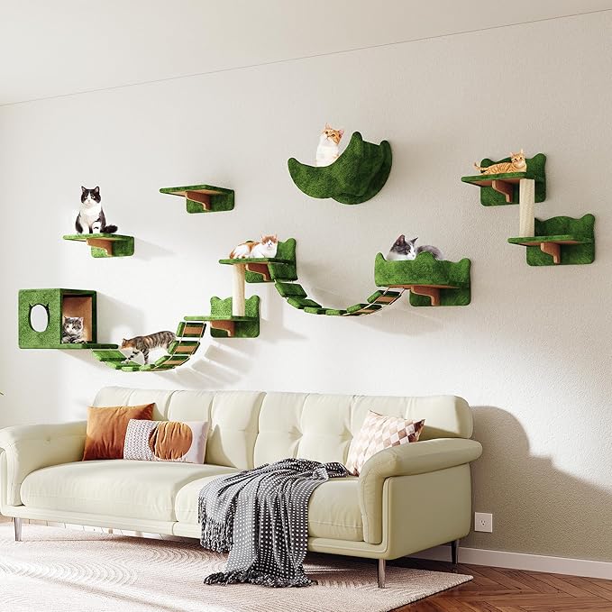 Cat Wall Shelves, Wall Mounted Cat Shelf Furniture with Plush Fabric(13 Piece Set), Cats Furniture with Moon Hammock, Condos, House, Steps, Bridge Ladder, Scratching Post, Green