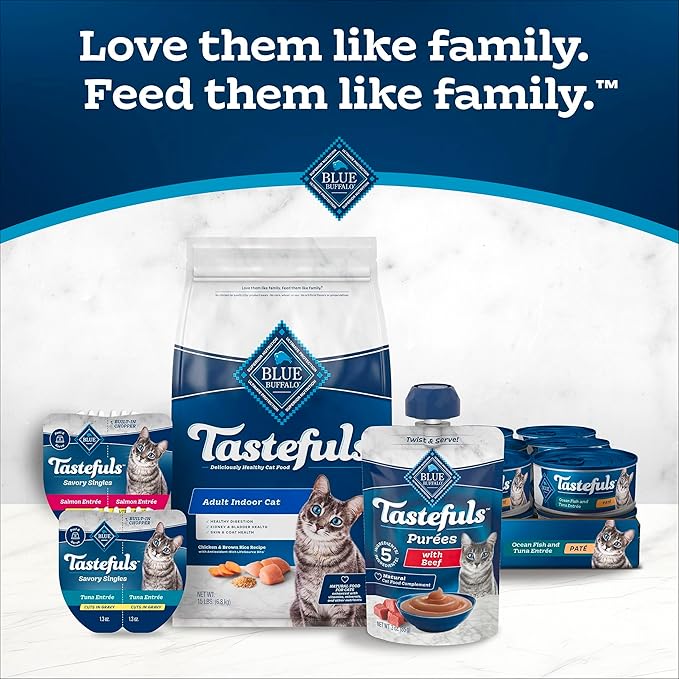 Blue Buffalo Tastefuls Purées Natural Cat Food Complement with 5 Ingredients, Chicken, Tuna, Beef, 3-oz Resealable Pouches, 12-ct Variety Pack