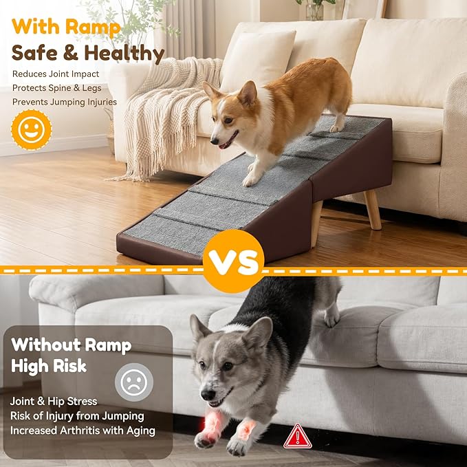 Dog Ramp & Stair for Couch Sofa Bed, 18.5" Extra Wide 15.7" H Foldable Ottoman & Hidden Storage 3-in-1 Design, Safer Non-Slip Leather Pet Steps for Puppy Senior Injured Dogs (Brown)