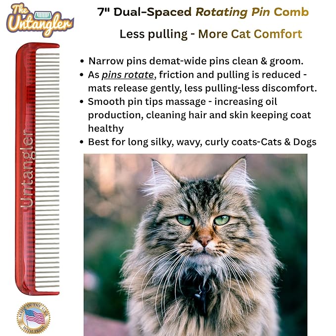 Cat Comb, 7 inch, Ferrari Red - Silky Smooth Rotating Teeth for Gently Detangling Matted Cat Hair, Stainless Steel, Made in USA, Vet Recommended
