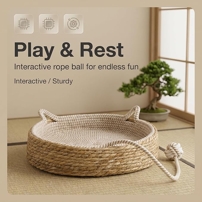 Handwoven Cat Basket Basket with Cotton Rope Liner Cat Ear Design Round Cat Scratcher Bed with Interactive Toy Ball Breathable All Season Scratch-Resistant Woven Cat Bed for Indoor Cats All Breeds