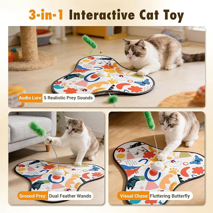 Interactive Cat Toys for Indoor Cats,3-in-1 Hide and Seek Cat Toy with Moving Concealed Wand Feather&Fluttering Butterfly,3 Prey Sounds，Auto Chargeable Play Mat for Bored Adult Cats&Kittens(White)