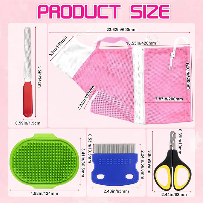 Cat Bathing Bag, Anti-Scratch & Anti-Bite Adjustable Mesh Cat Shower Bag with Nail Clipper, Grooming Comb, Bath Brush & Nail File, Breathable Cat Washing Bag for Bathing, Nail Trimming