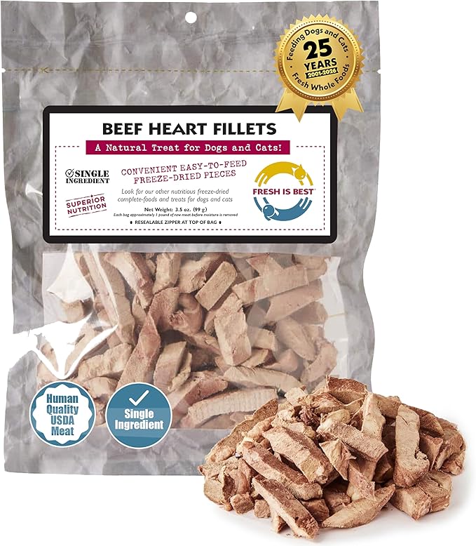 Fresh Is Best Beef Heart Fillets Freeze Dried Dog Treats – Raw Freeze Dried Dog Food for Cats & Canines – Training Treat in Resealable Zipper Bag – Grass-fed & Finished Beef Made in the USA