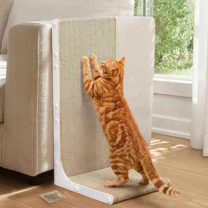 Cat Scratcher Lounge, 23 Inch L-Shaped Cat Scratch Pad, Vertical & Horizontal Scratching 1.2" Thick Cardboard with Fun DIY Stickers, Durable, Eco-Friendly