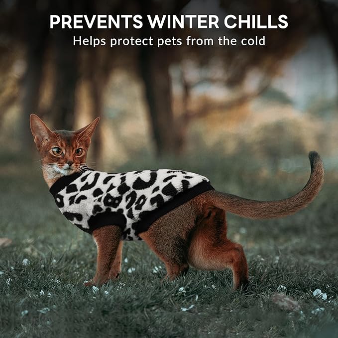 PUMYPOREITY Winter Warm Cat Sweater - Super Soft & Elastic Knit with Plush Fleece, Easy-On Design with Ribbed Neck & Cuffs, Stretchy Cat Outfit for Indoor/Outdoor Use,Black Leopard, S