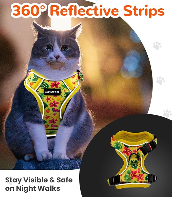Halypet Cat Harness and Leash Set for Walking, Escape Proof Adjustable Vest Harness with 3-in-1 Integrated Buckles, Easy Control Soft Breathable Mesh with Reflective Strips for Cats, S, Bright Yellow
