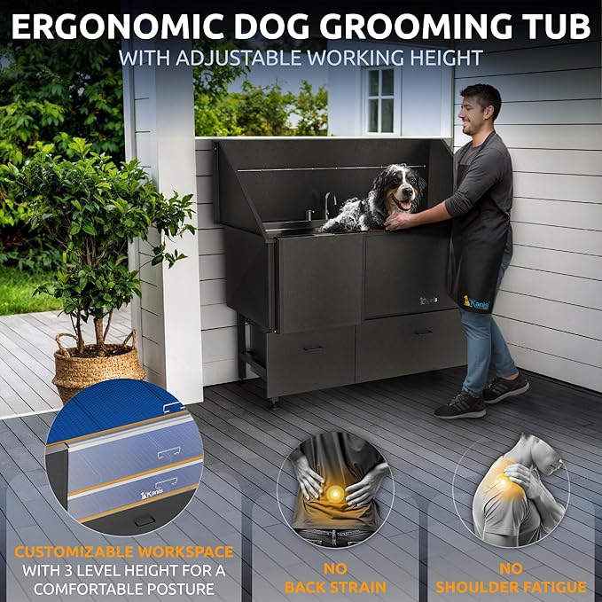 KANIS Professional Dog Washing Station 304 Stainless Steel Pet Wash Sink & Grooming Bathtub w/Shower, Floor Grates and Storage for Large, Medium & Small Pets (Black, 61 Inches, Left Ramp, 2 Drawers)