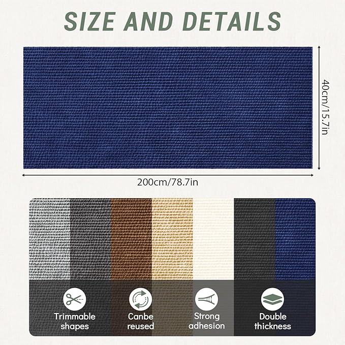 Cat Scratch Couch Protector 78.7"x15.8" – Self-Adhesive Furniture Protector from Cat Scratching, DIY Couch & Wall Shield, Trimmable Anti Scratch Mat for Indoor Sofa Bed Carpet，Navy