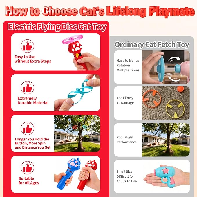 BABORUI Cat Toy Disc Launcher, Rechargeable Interactive Cat Fetch Toy Launcher with 8 Flying Discs, Flying Enrichment Toys for Indoor Bored Kittens & Adult Cats (Red)