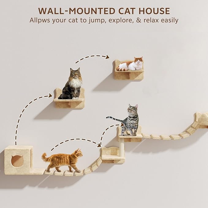 Cat Wall Shelves, Wall Mounted Cat Shelf Furniture with Plush Fabric (9 Piece Set), Cats Furniture with Condos, House, Steps, Bridge Ladder, Scratching Post, Beige