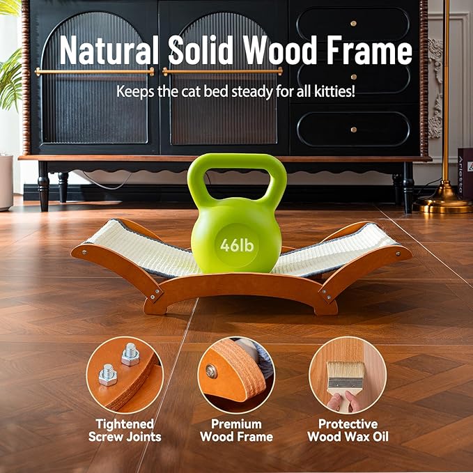 JUNSPOW Sisal Cat Scratcher Bed for Indoor Large Cats Lounger & Sleep, Natural Durable Cat Scratching Hammock Pad Board, Solid Wooden Kitten Chair Furniture Easy Assembly