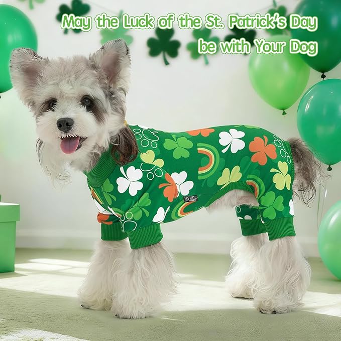 XPUDAC Dog Pajamas St. Patrick's Day Soft Dog Onesie Shamrock Puppy Clothes Comfy Stretchy Pet Outfit for Small Medium Dogs, M