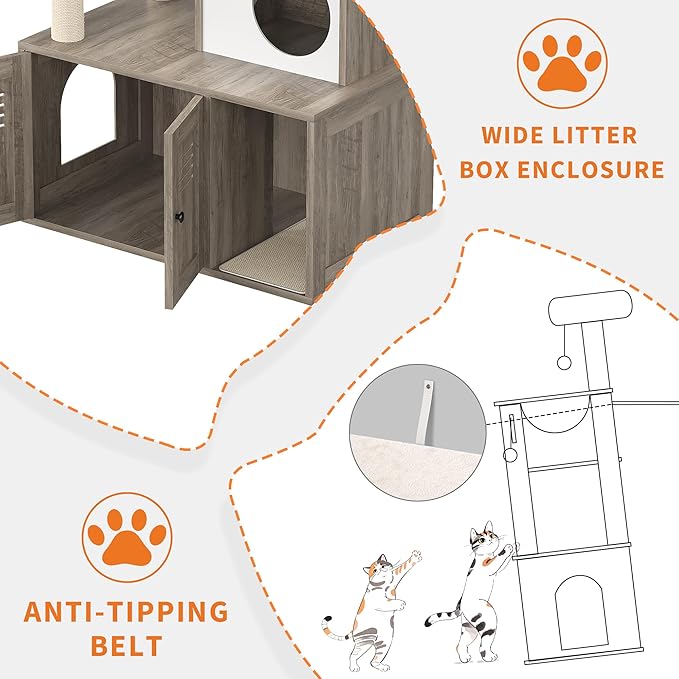 TrailBlaze Cat Tree with Litter Box Enclosure, Wooden Cat Condo with Platform, Hammock, Pompoms, Scratching Posts, All-in-One Cat Furniture for Indoor Kitten, 31.5" l x18.9 w x55.1 h(Grey)