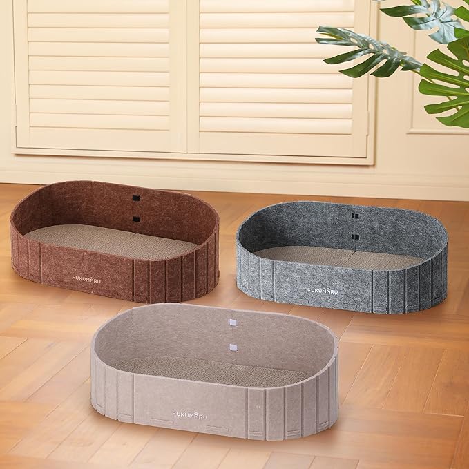 FUKUMARU Cat Scratcher, 24 Inch Sofa Shape Cat Scratching Bed, Reversible Detachable Cats Scratching Board, Round Cats Scratch Pads Refill Indoor, Beige