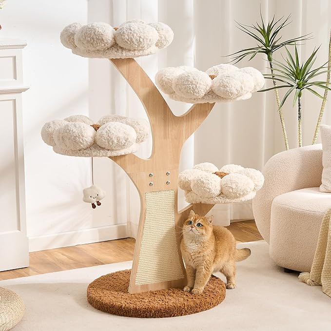 Aesthetic Flower Cat Tree Tower with Scratching Post for Indoor Cats, 48" Modern Cat Tree with Wood Sculpted Branch, Flower Cat Beds, Scratching Board & Interactive Squeaky Toy, Creamy White