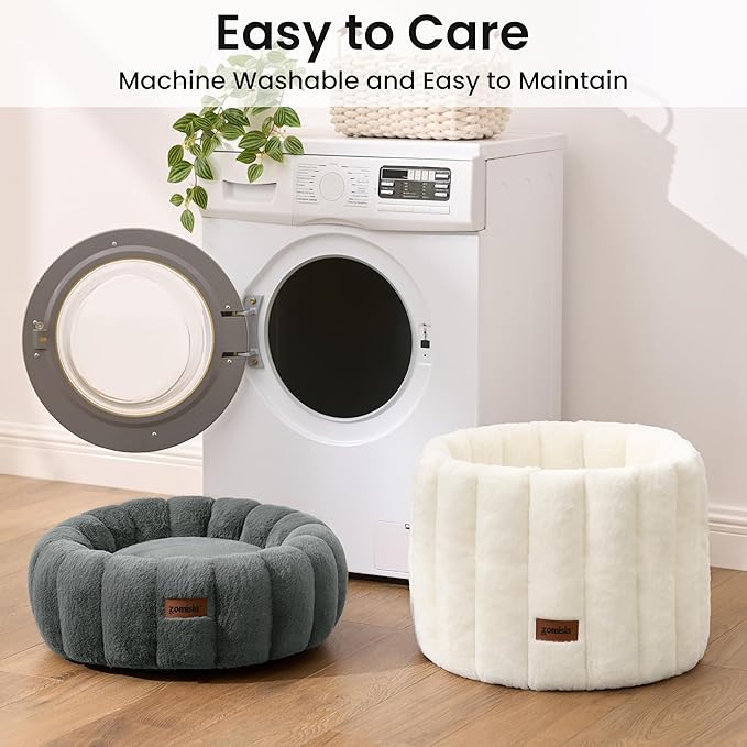 ZOMISIA Cute Cat Beds for Indoor Cats, Striped Small Donut Dog Bed for Puppy and Kitten, Anti-Slip Bottom, Grey