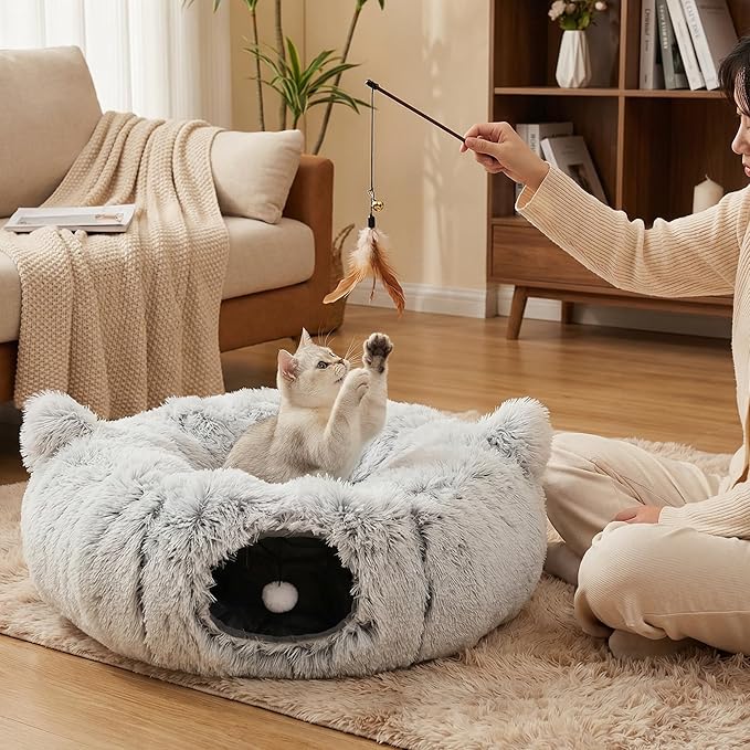 3-in-1 Cat Tunnel Bed – Cat Tunnels & Cat Beds for Indoor Cats with Catnip Toys – Cat Bed Cave & Peekaboo Cat Hideaway – Foldable Interactive Cat, Kitty & Kitten Toys