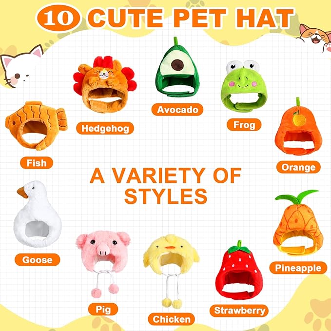 Reginary 10 Pcs Cat Hat Cat Costumes Animal and Fruit Shaped Hat Adjustable Accessory Headwear for Small Dog Puppy Kitten Pet Halloween Christmas Birthday Party Photo Prop (Style B)